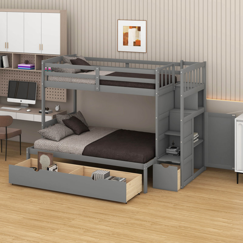 Lit simple superposé au dessus d'un lit double avec 3 tiroirs et armoires, Gris