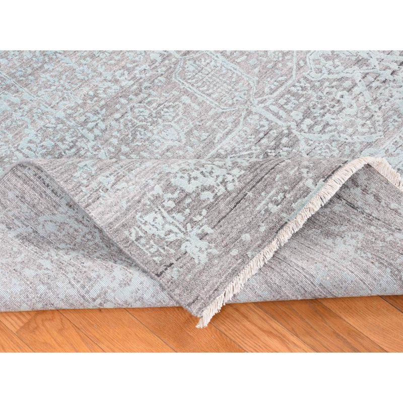 11'10"x14'10" Green Erased Design Wool Silk Hand Knotted Oversized Rug AFAEC75243ED4DEBAFB1FE7540114C73