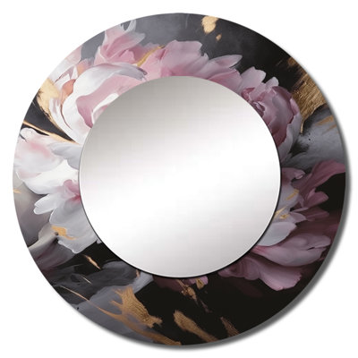 Poinar Harmonious Pink Grey Peony Flower II - Peonies Mirror, Modern Round Unique Wall Mirror, Printed Metal Art