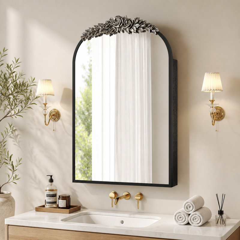 Armoire à pharmacie vintage avec miroir et rangement, 40,6 x 61 cm, miroir mural arqué pour salle de bain avec dessus sculpté, encastrable et en applique, avec étagère réglable et crochets à bijoux, noire