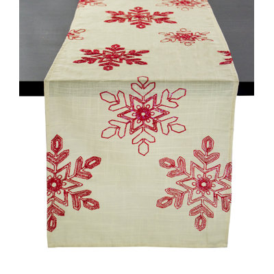 Red Embroidered Snowflake Natural Table Runner