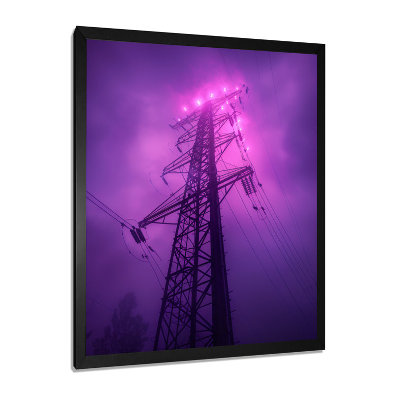 Éclipse mauve, lignes électriques - Photo II, H 20 po x l 12 po x P 1 po, Cadre simple noir