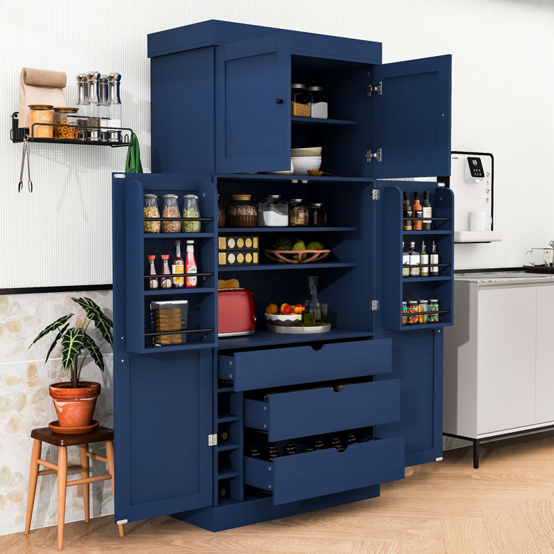 Armoire de cuisine avec tablettes réglables, 3 tiroirs, supports à vin et tablettes de porte, Bleu