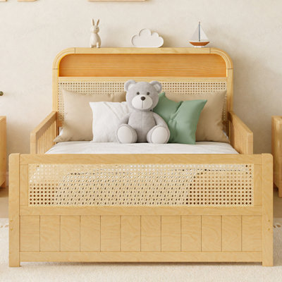 Twin Rattan Bed Frame with LED Lights and Storage Headboard, Platform Bed with Safety Guardrails for Kids,