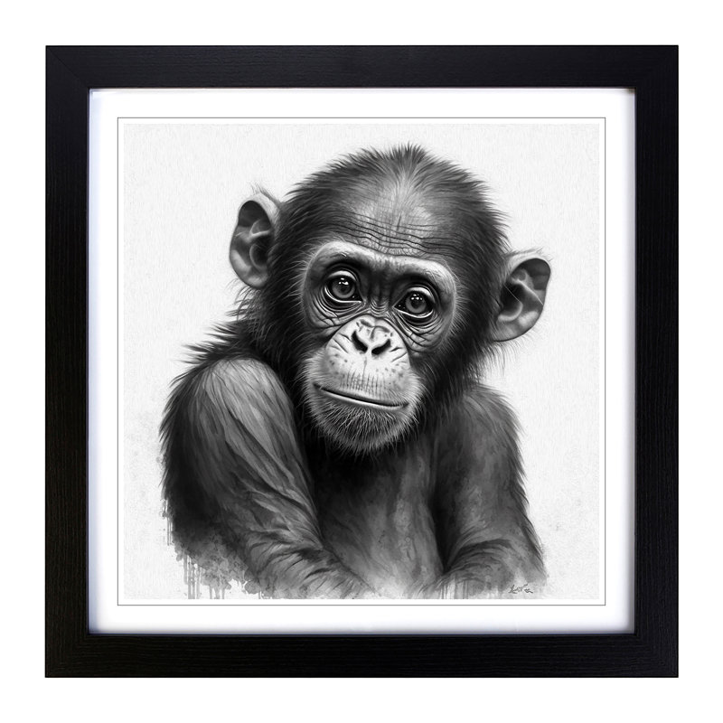 Monkey Drawing - Single Picture Frame Print on Wood, Black