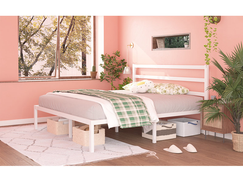 Lavallee Bed Frame with Simple Style Headboard, Solid Steel Slat Support, Enough Storage Space, White, Queen