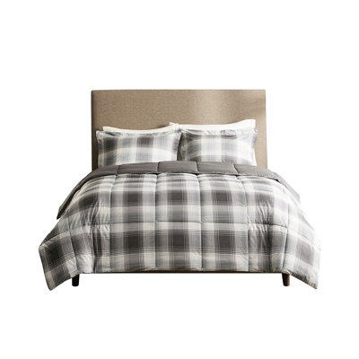 Édredon en duvet synthétique double / grand - écossais gris et 2 taies décoratives lavables à la machine