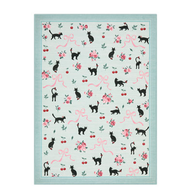 Cute Cat Pattern Washable Area Rug, Low Pile Rug with TPR Backing for Bedroom, Bathroom, Kitchen, Living Room
