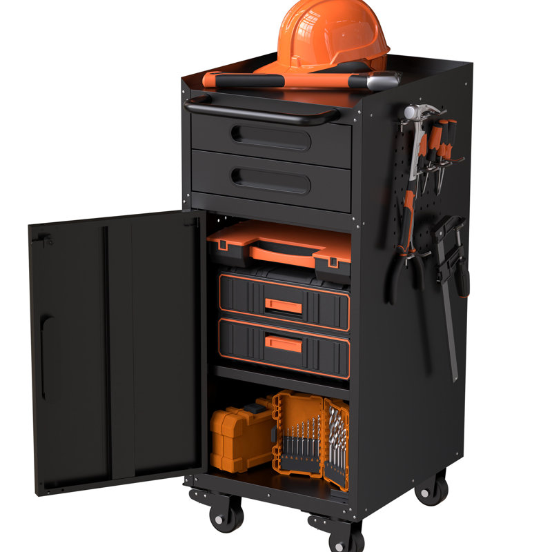 Armoire métallique roulante étroite de 34,3 po - idéale pour les espaces restreints, avec porte verrouillable, 2 tiroirs et quatre pivotants, armoire inférieure de conception compacte avec rangement pour garage, poignée ergonomique, assemblage rapide,