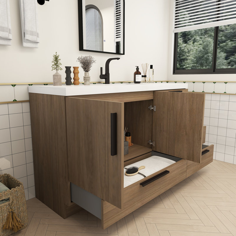 Meuble-lavabo autoportant avec tiroirs à droite Carla, 59", Chêne français foncé