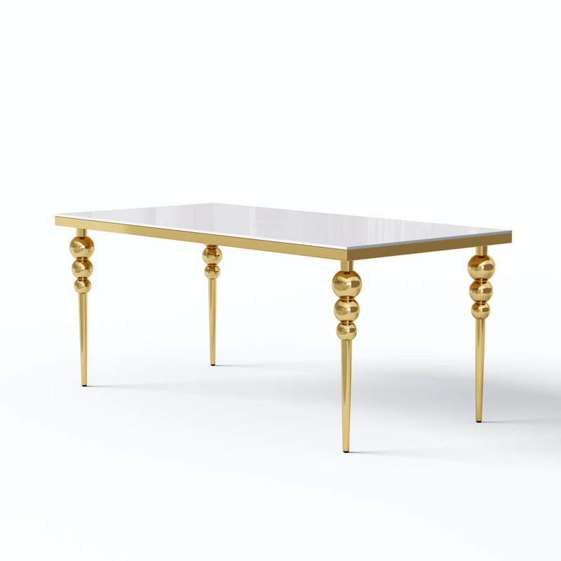 70" Rectangular Dining Table Set With Modern Luxury Gold Stainless Steel Gourd Legs Withtempered Glass Tabletop, Streamlined PU Leather Chairs With Gold Ball Accents