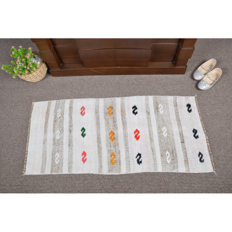 Vintage Turkish Hemp Door Mat: White Oushak Flat Weave Kilim with Intricate Patterns