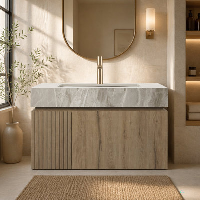 Meuble-lavabo de salle de bain de 30 po MURI, armoire de rangement en contreplaqué flottant avec tiroir et porte, plateau en pierre frittée et lavabo en céramique avec 1 trou de robinet pré-percé, pré-assemblé