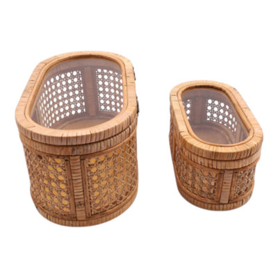 Boîte ovale décorative en rotin avec couvercle, idéale pour la décoration du salon ou de l'entrée - Lot de 2, 33 cm x 25 cm, brun