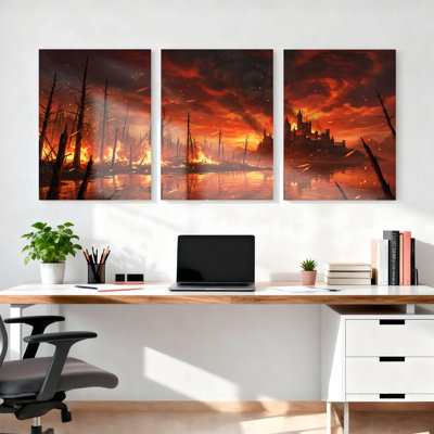 «Fantasy Castle Fire Landscape», ensemble de 3 reproductions d'art sur toile tendues sur toile