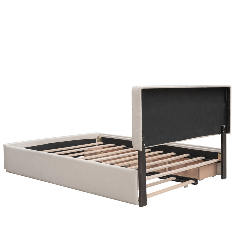 Lit plateforme tapissier avec 2 tiroirs et 1 lit gigogne simple TG - Tissu en lin beige grand, Beige