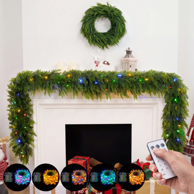 9FT Christmas Cedar Pine Garland with Multi Color LED Lights and Real Touch Christmas Garland with Remote Control & Timer & 12 Modes