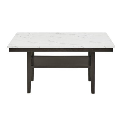 Risa Dining Table With Storage Shelf, 60 Inch Faux Marble Top, Espresso Wood