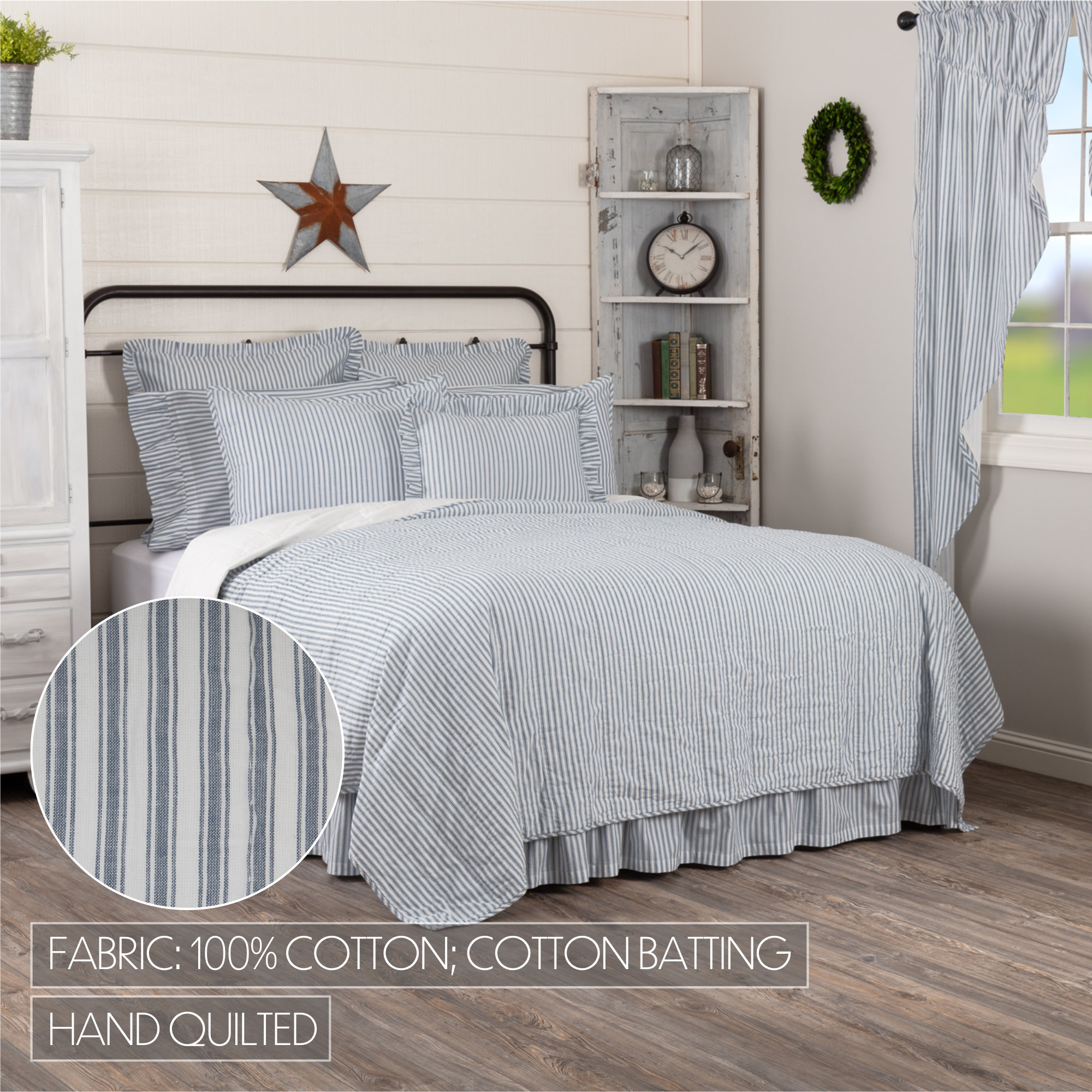 Sawyer Mill Ticking Stripe Quilt Coverlet, California King, Demin Blue & Soft White