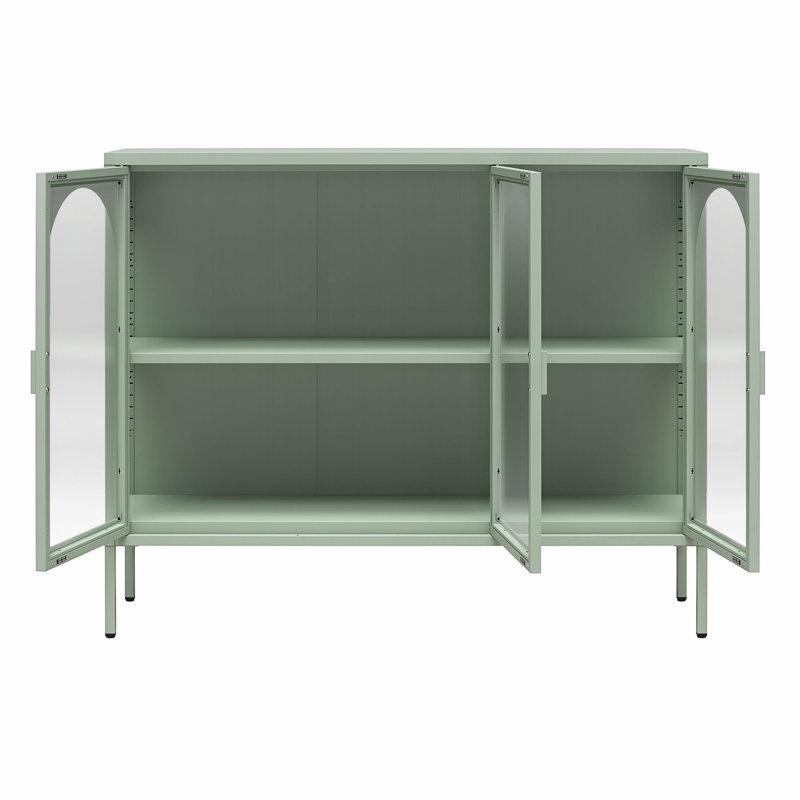 Pale Green Metal Accent Cabinet with Adjustable Shelving and Glass Doors
