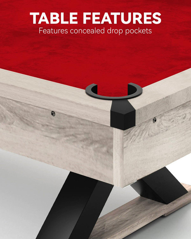 Ensemble de table de billard moderne de 7 pi de conception industrielle à pieds en X avec accessoires complets pour salle de jeux, appartement ou bureau
