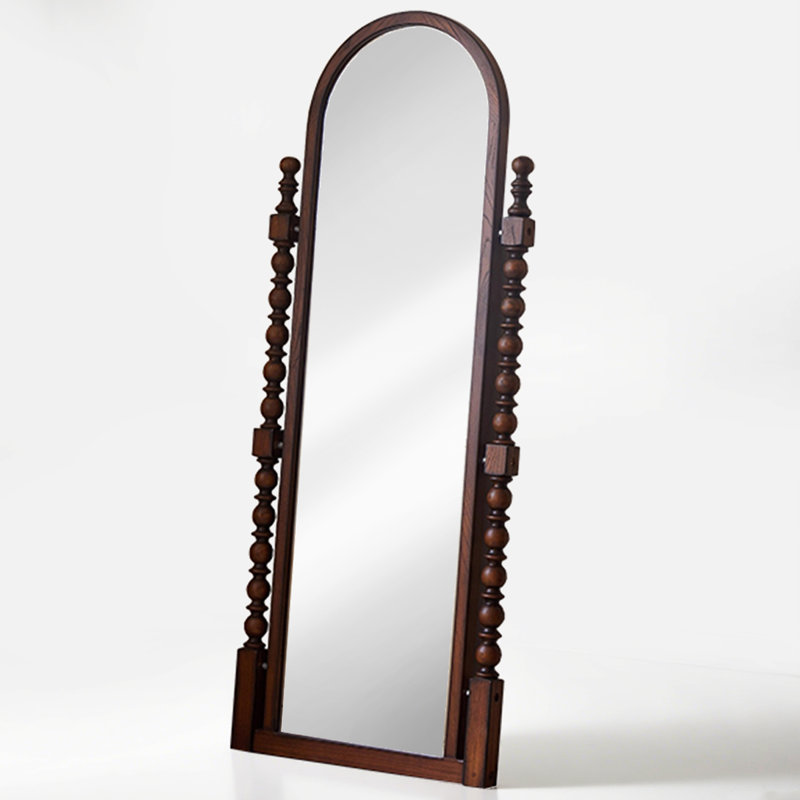 American-Style Vintage Walnut Wood Frame Arched Full-Length Mirror