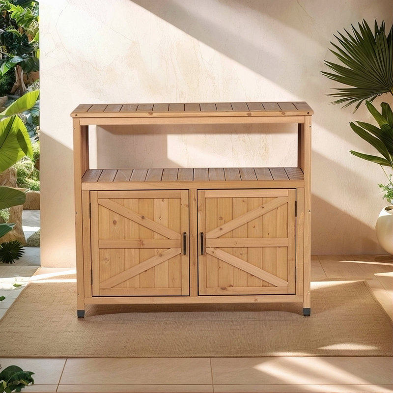 Wooden Patio Bar Table Set With Storage, Buffet Cabinet Sideboard For Outdoor And Indoor