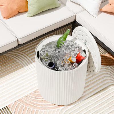 Outdoor Cooler Side Table, 2-in-1 Insulated Patio Ice Bucket & Beverage Bar with Hook-On Lid, All-Weather Vertical Stripe Drink Cooler for Poolside, Deck & Backyard Parties, White
