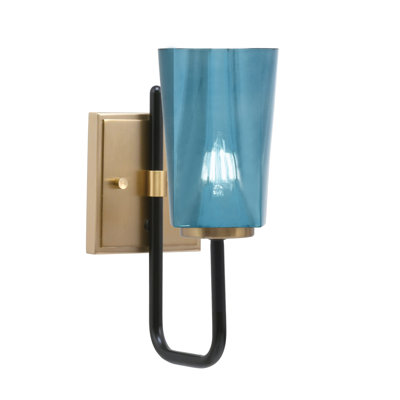 Arrighetto Wall Sconce, Matte Black & New Age Brass Finish, 4.5" W x 6.5" H Blue Gradient Glass