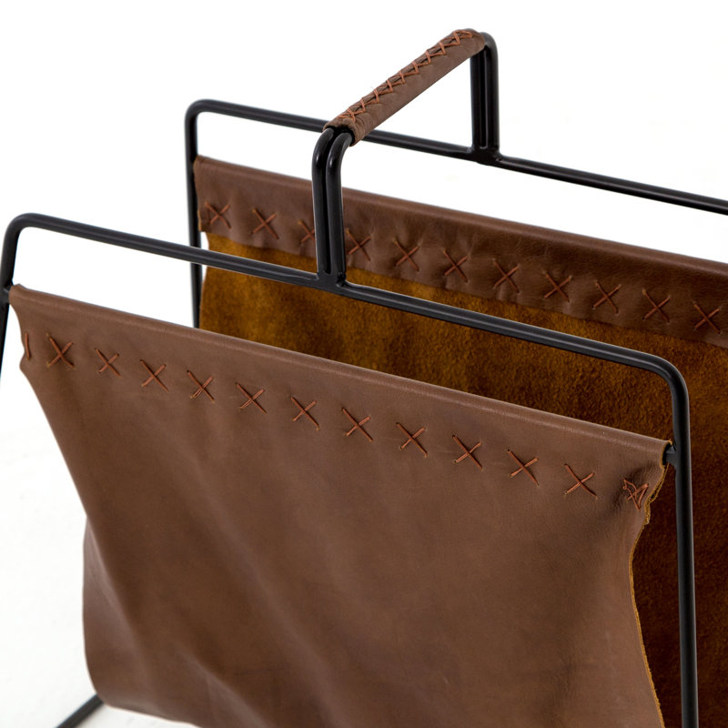 Black Metal Freestanding Magazine Rack with Brown Leather Slings