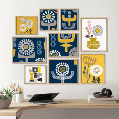 Motif floral géométrique coloré avec motifs floraux jaune et bleu