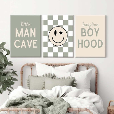 Vive la vie d'enfant, art mural, chambre de bébé, toile de fond, décor de style BCBG, affiche pour enfant, petit homme des cavernes, vert sauge, ensemble de 3 toiles de 16 x 24 pouces