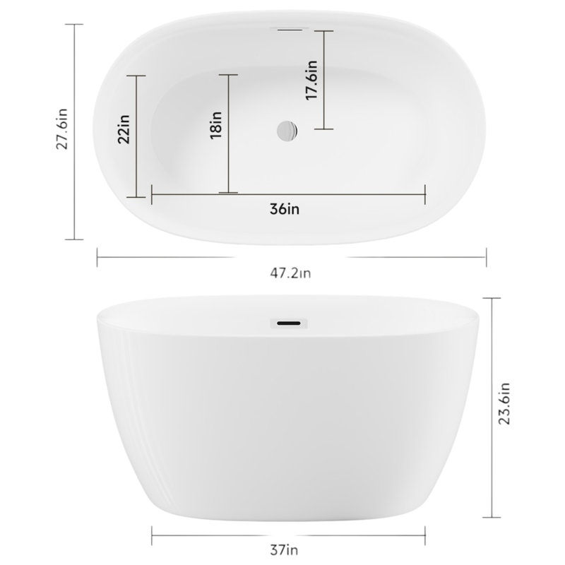 47" X 27.6" Freestanding Soaking Acrylic Bathtub With Overflow And Pop-Up Drain