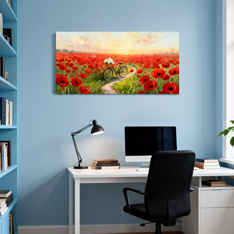 Plantes et fleurs, coquelicot, bicyclette, coucher de soleil, reproduction d'art, H 16 po x l 32 po