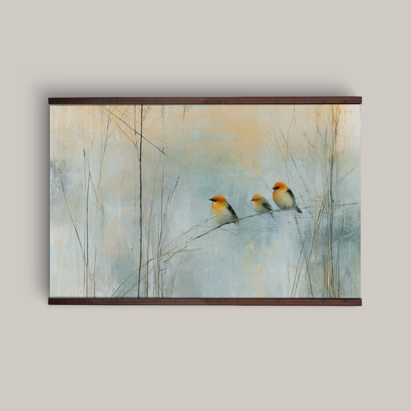 Trois oiseaux chanteurs sur une branche, art mural botanique bleu, H 40 po x l 60 po