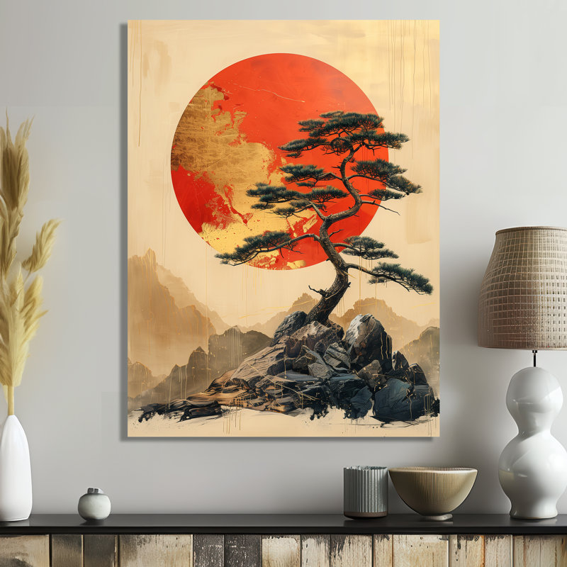 Décoration de coucher de soleil Bonsai doré orange - Japon I, Cadre photo blanc, H 16 po x l 32 po