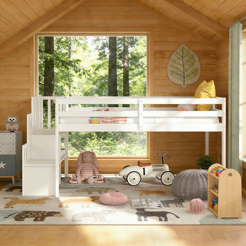 Twin-Size Solid Wood Low Loft Bed With Handrail Storage Staircase, White