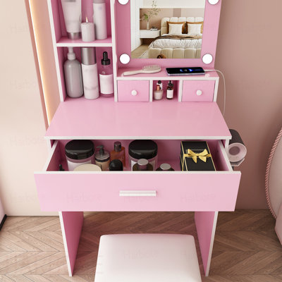 Coiffeuse avec miroir et lumières DEL réglables, prise de courant, support pour sèche-cheveux et tabouret - coiffeuse compacte
