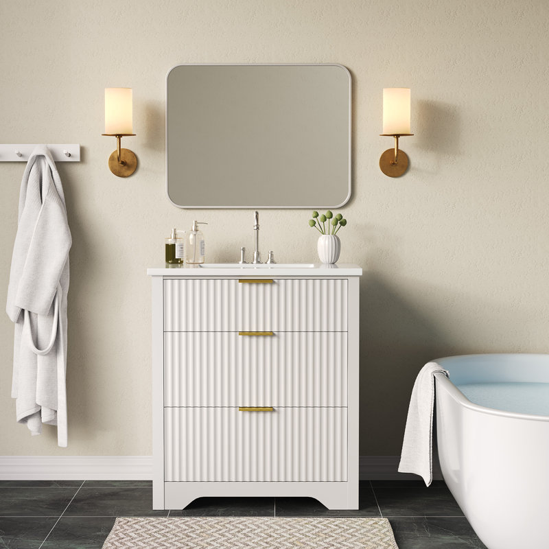 Modern Fluted Bathroom Vanity with Basin – Freestanding Cabinet, 2 Soft-Close Drawers, 1 Rotating-Down Drawer, Easy Assembly & Cleaning, Single Basin, 30 Inch