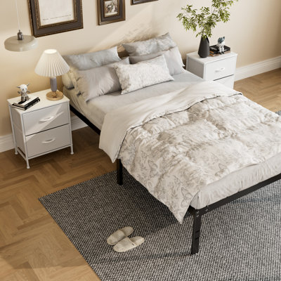 Broseley Twin Size Metal Bed Frame With 2 Nightstands Bedroom Set, Bedside Table With Metal Frame And Wooden Top, Fabric Drawers