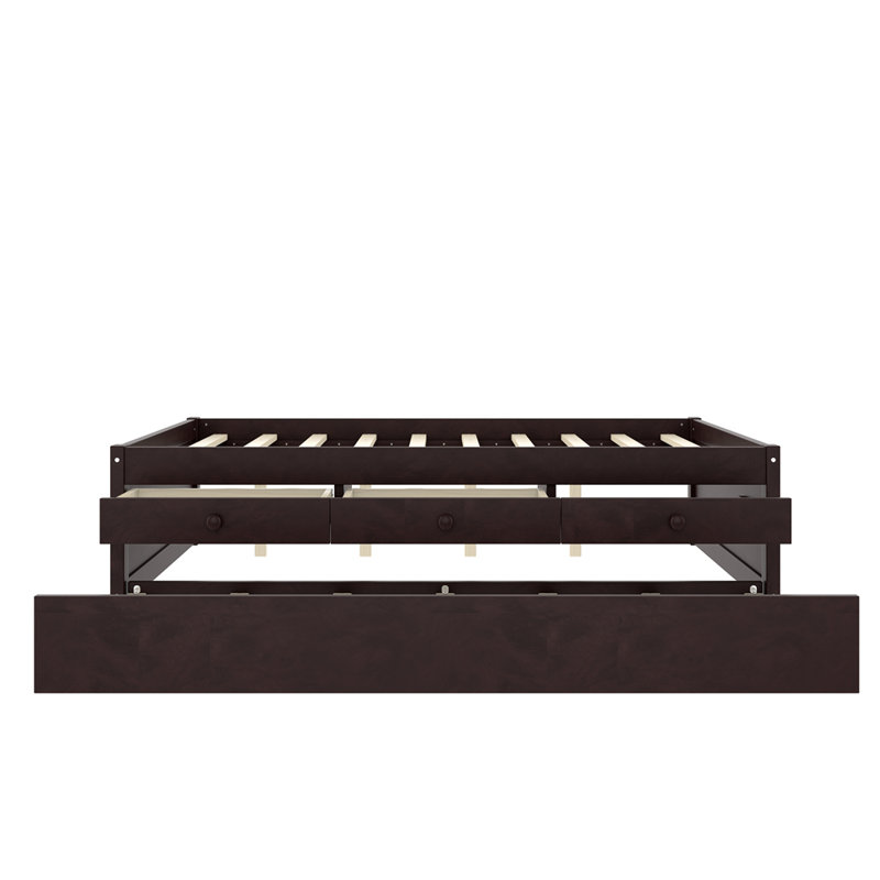 Lit plateforme double avec lit gigogne et 2 tiroirs, lits en bois massif avec multiprise, Lit double, Espresso