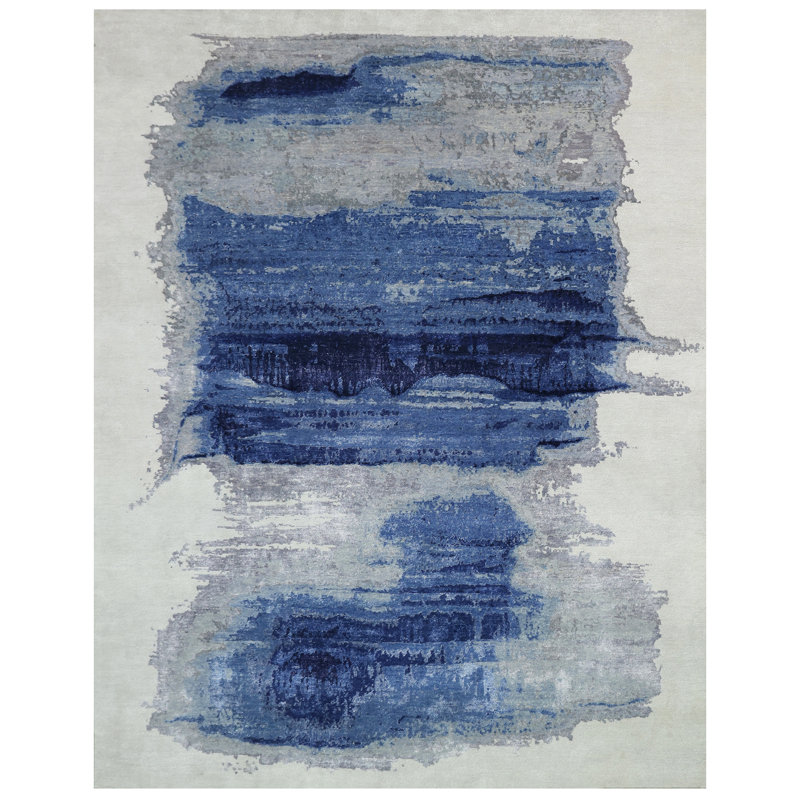 Tapis ivoire / bleu noué à la main de haute qualité, Rectangle 8 pi x 10 pi