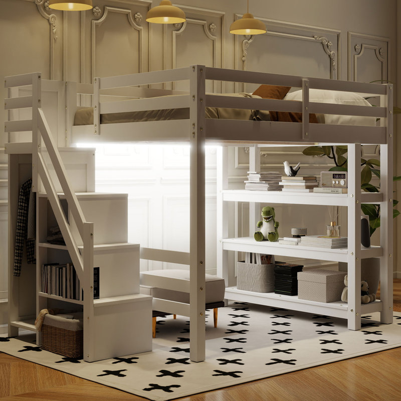 Lit mezzanine avec rangement pour lumières DEL, Lit double
