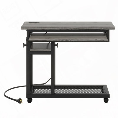 28"-39.3" Height Adjustable Portable Desk with Power Outlet & USB Ports, Rolling C-Shaped Side Table