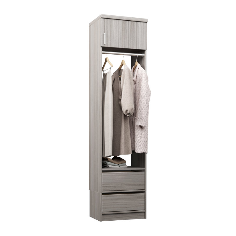 Grey Oak 18" Floor-Mounted Closet Section with Slab Doors, 1 Clothing Rod, 1 Shelf & 2 Reveal Drawers, 18, Grey Oak