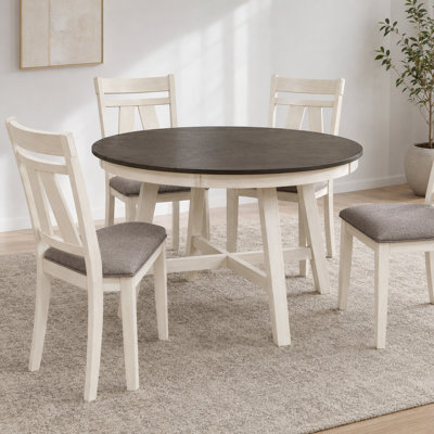 Modern Farmhouse Round Dining Table Set For 4, Gray Fabric Cushion Chairs, White Frame