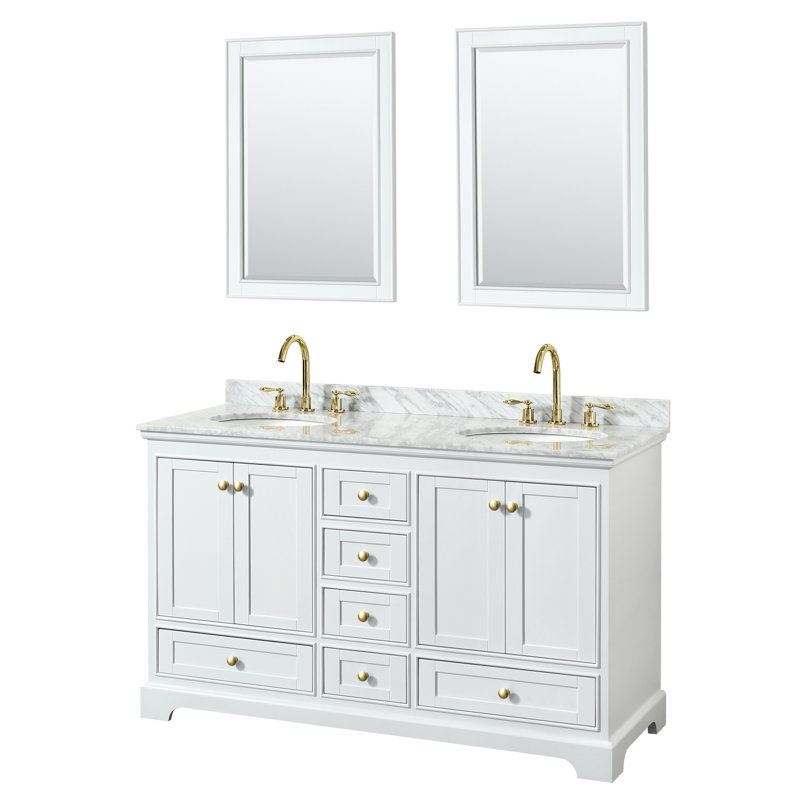 Ensemble de meuble-lavabo double 60 "avec miroir Deborah, Blanc, Or