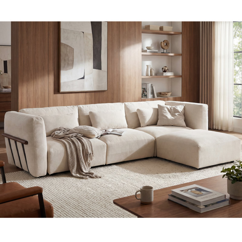 4 Pieces L Shaped Upholstered Sectional Modular Cloud Sofa With Ottoman, White Chenille