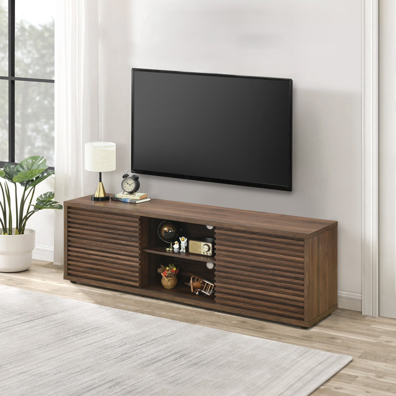 Abba 67.7" W Mid Century Modern TV Stand with Storage and Shelves to fit up to 75" TVs, Walnut