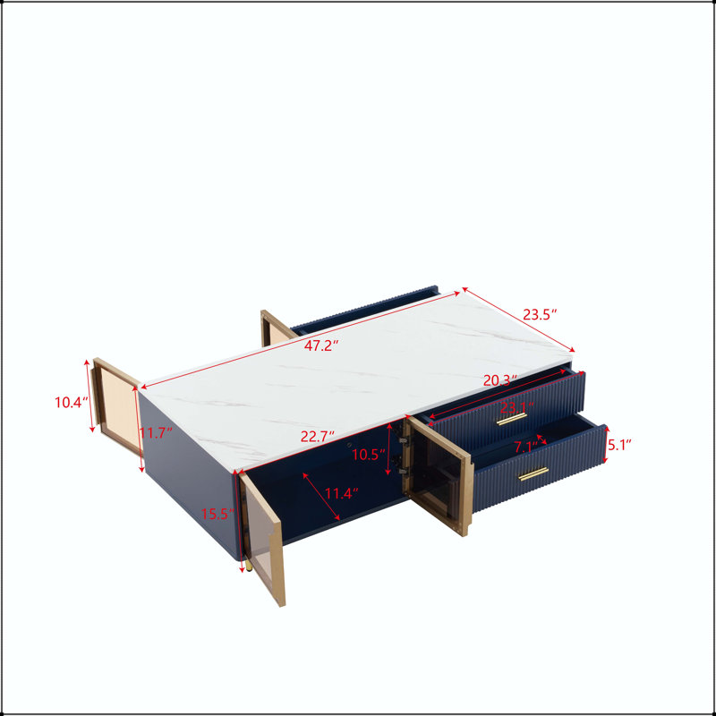 Table basse moderne bleue avec portes en verre, tiroirs et lumières RVB